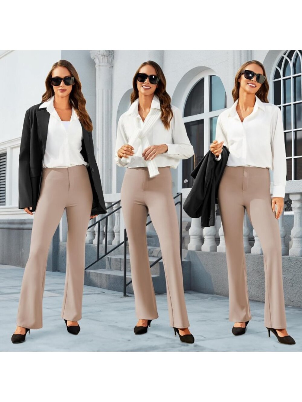 Women's Light Coffee High Waist Stretchy Casual Elastic Bootcut Dress Pants - Picture 3 of 5